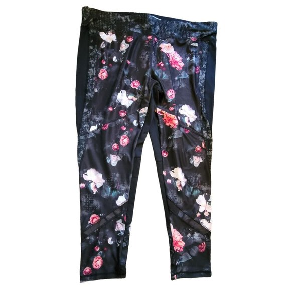 Avia Athletic Leggings Womans Pants Ankle Length Black Pink Floral 3X JJ3098 - Picture 1 of 10